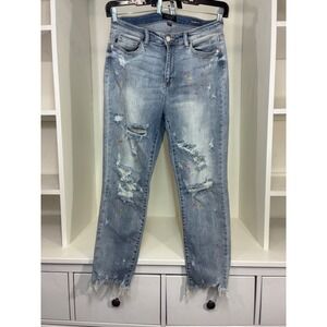 Judy Blue Boyfriend Fit Distressed Paint Splatter Jeans Light Wash 11/30